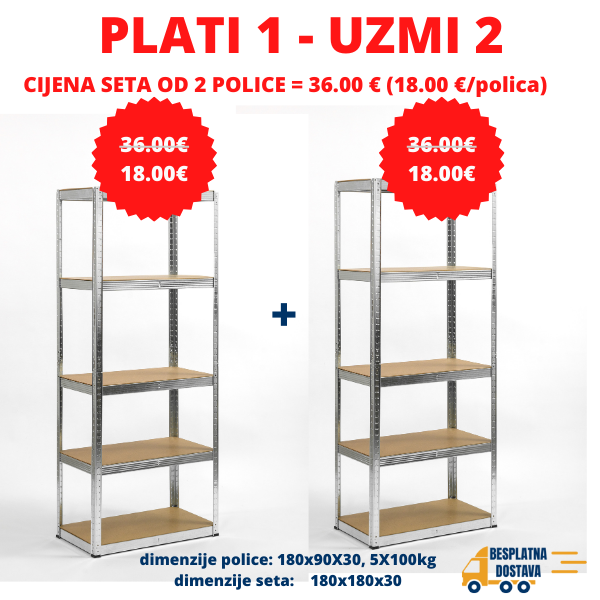 2 POLICE Metal-medijapan 2X180x90x30cm, 5x100kg - Dimenzije seta: 180x180x30 Metalne Police