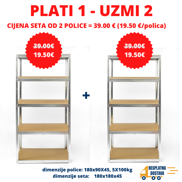 2 POLICE Metal-medijapan 2X180x90x45cm, 5x100kg - Dimenzije seta: 180x180x45 Metalne Police