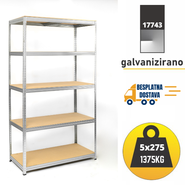 Polica metal-medijapan 180x90x60cm, 5x275kg Metalne Police