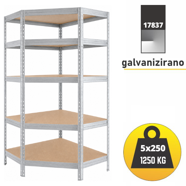 Kutna polica metal-medijapan 180x90x90X60cm, 5x250 kg - RIVET Metalne Police