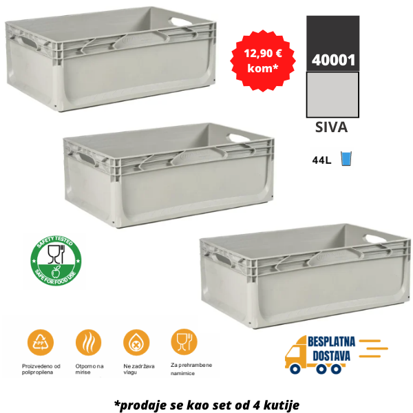 Euro kutija 60X40X22 cm (DXŠXV), siva, set 4 komada Metalne Police