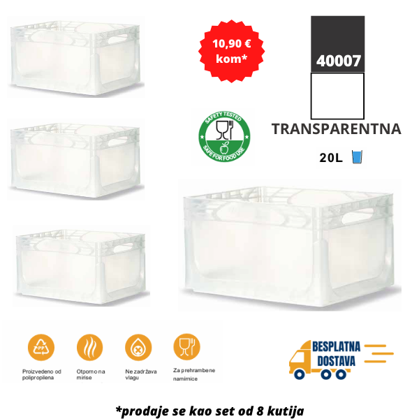 Euro kutija 40X30X22 cm (DXŠXV), transparentna, set 8 komada Metalne Police