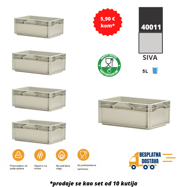 Euro kutija 30X20X12 cm (DXŠXV), siva, set 10 komada Metalne Police