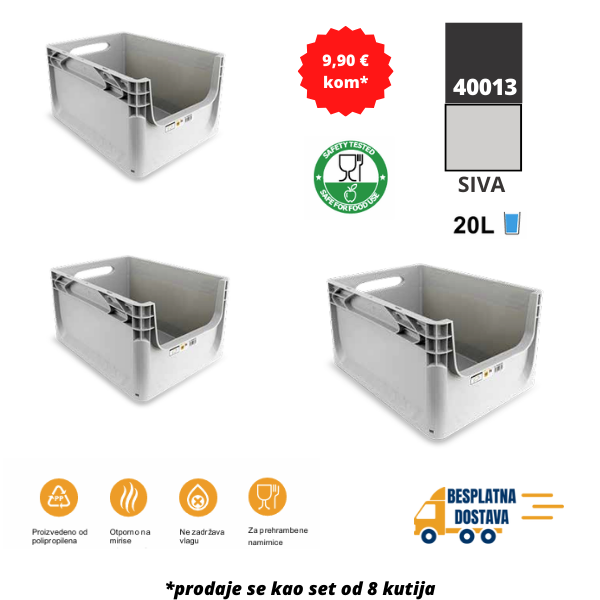 Euro kutija 40X30X22 cm (DXŠXV), siva, set 8 komada Metalne Police