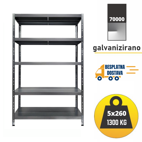 Polica metal-metal 195x120x50cm 5x260 kg