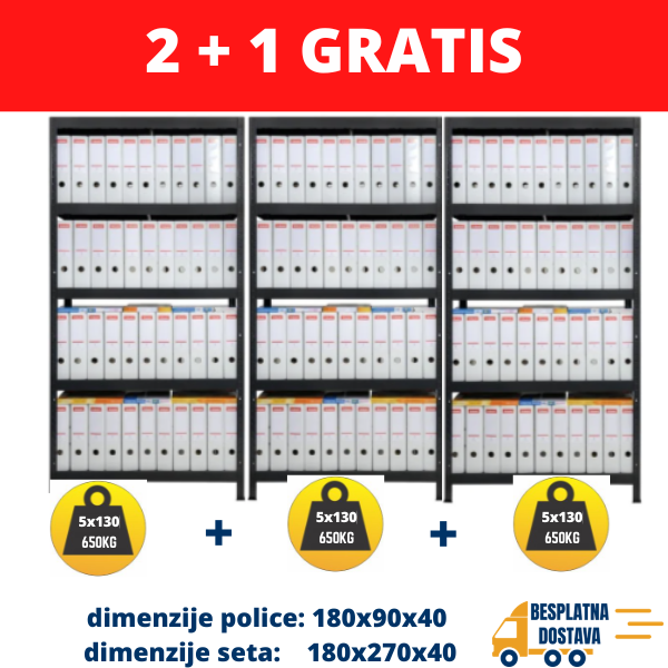 3 POLICE Metal-metal 3X180x90x40cm 5x130 kg - Dimenzije seta: 180X270X40 Metalne Police