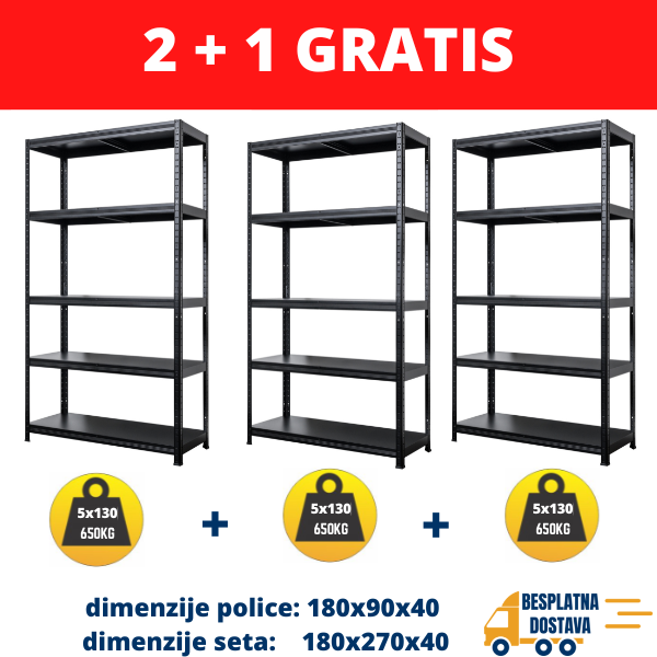 3 POLICE Metal-metal 3X180x90x40cm 5x130 kg - Dimenzije seta: 180X270X40 Metalne Police