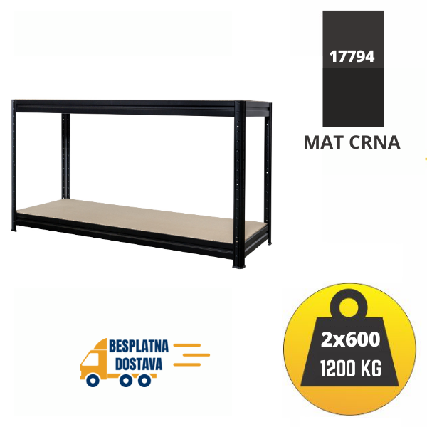RADNI STOL: 87x160x60 cm/2 POLICE/600KG/ NOSIVOST 1200 kg - MAT CRNA