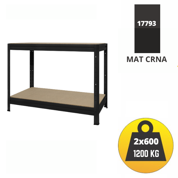 RADNI STOL: 87x120x60 cm/2 POLICE/600KG/ NOSIVOST 1200 kg - MAT CRNA Metalne Police