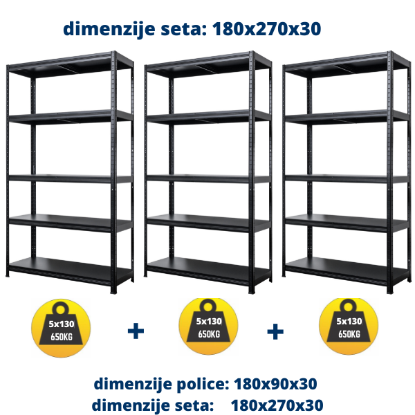 3 POLICE Metal-metal 3X180x90x30cm, 5x130kg - Dimenzije seta: 180x270x30 Metalne Police