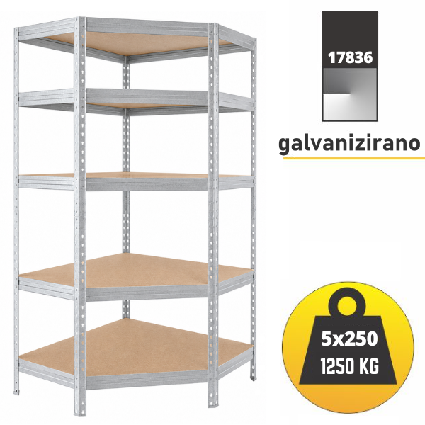 Kutna polica metal-medijapan 180x90x90X45cm, 5x250 kg - RIVET Metalne Police
