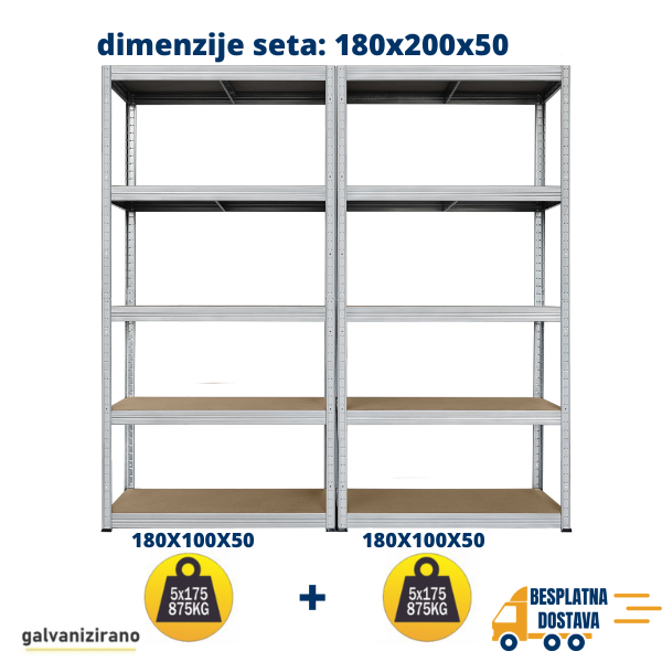 2 POLICE Metal-medijapan 2X180x100x50cm, 5x175kg - Dimenzije seta: 180x200x50 - metalnepolice.hr