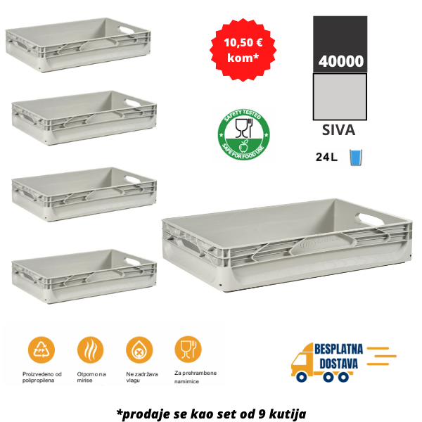 Euro kutija 60X40X12 cm (DXŠXV), siva, set 9 komada Metalne Police