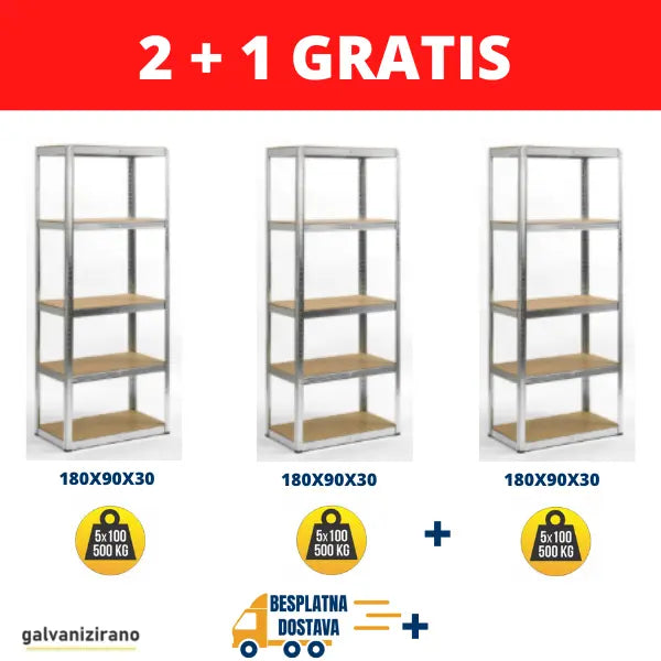 3 POLICE - Metal-medijapan 180x90x30cm, 5x100kg - Dimenzije seta 180x270x30 Metalne Police