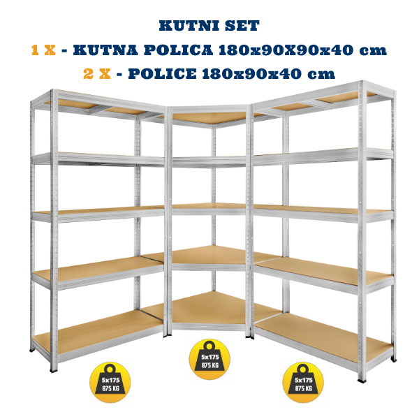 KUTNI SET Metal-medijapan – KUT 180x90x90X40cm, 5x175kg + DVIJE POLICE 180X90X40, 5×175kg Metalne Police