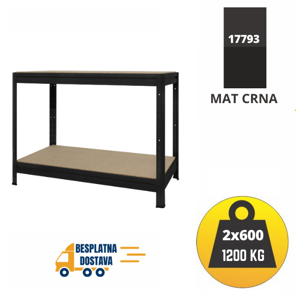 RADNI STOL: 87x120x60 cm/2 POLICE/600KG/ NOSIVOST 1200 kg - MAT CRNA